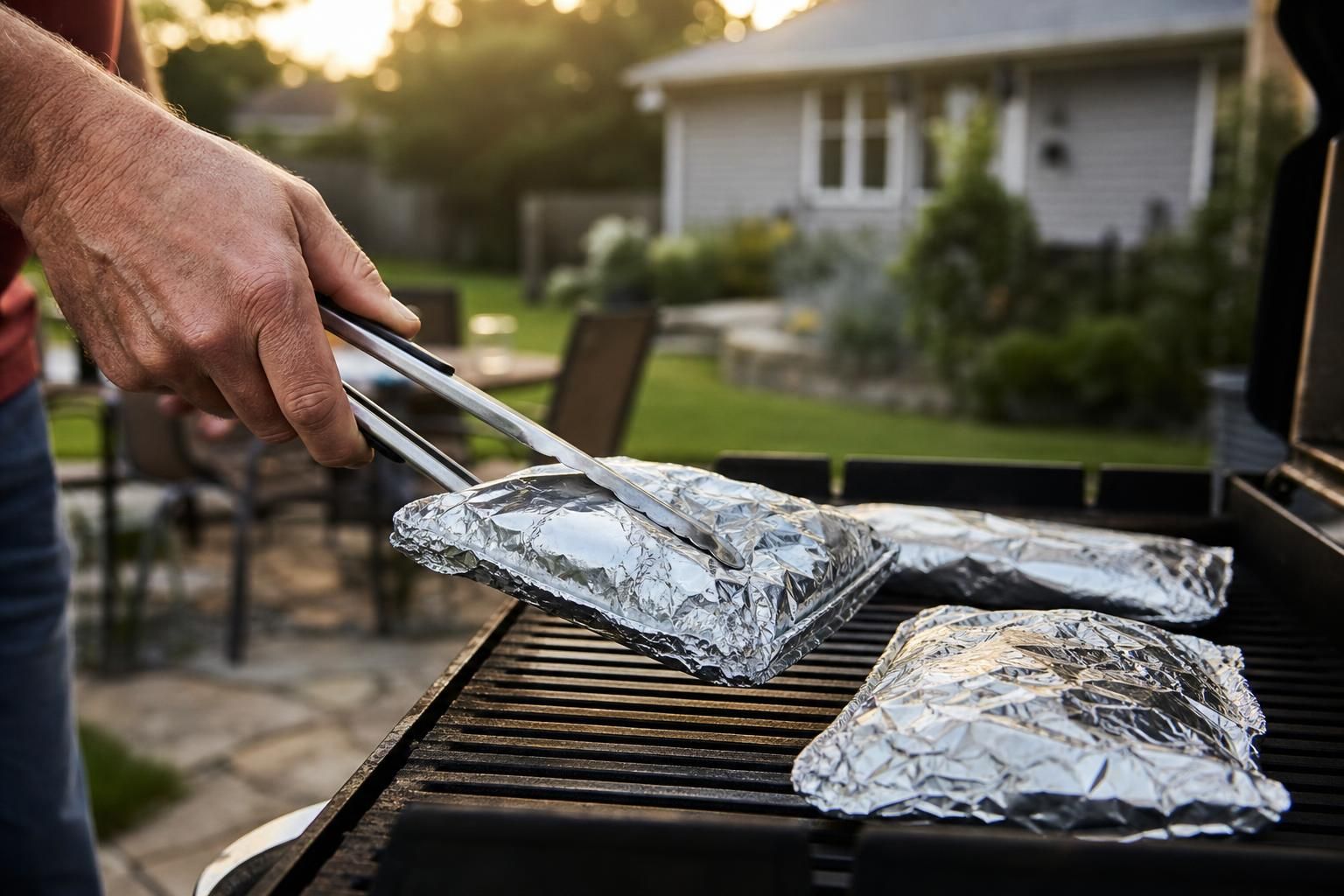 Sealed aluminum foil vegetable packets resting on an outdoor gas grill grate