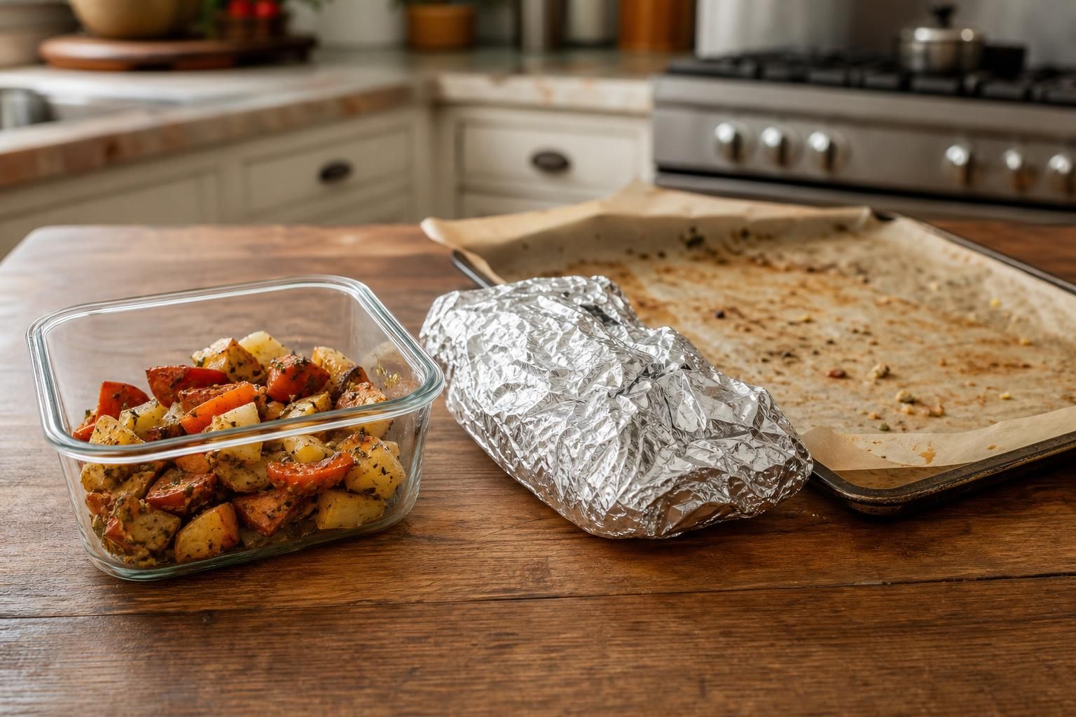Glass container beside foil-wrapped leftovers and a parchment-lined sheet pan