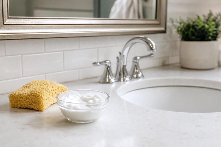 Baking soda and dish soap make a practical bathroom scrub for soap scum and grime