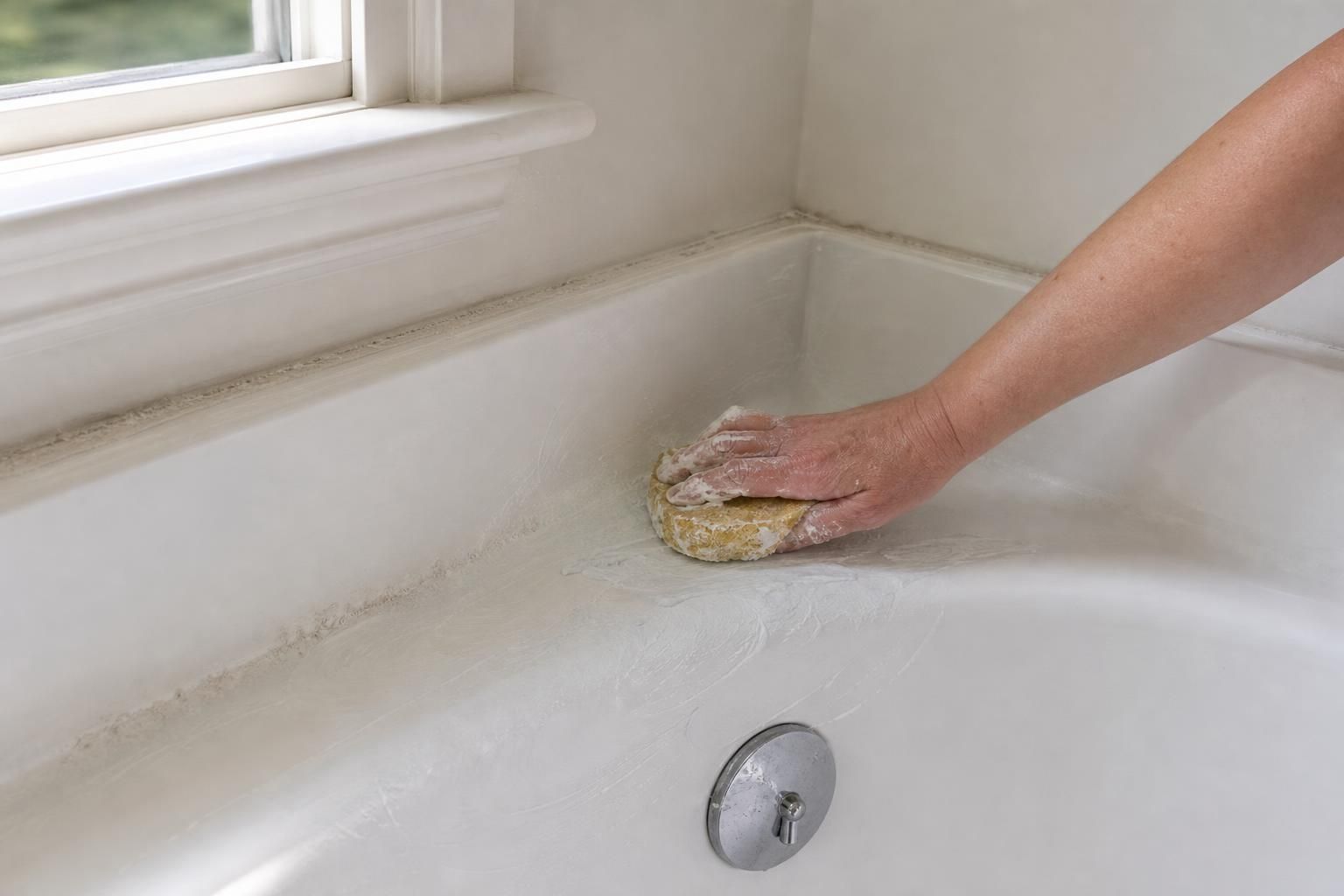 Soft sponge scrubbing white bathtub surface with thick homemade cleaning paste