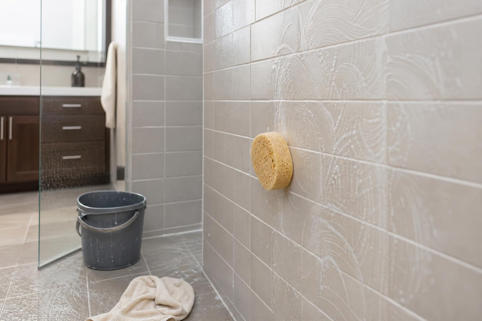 Glazed shower tile being rinsed after paste cleaning in a home bathroom