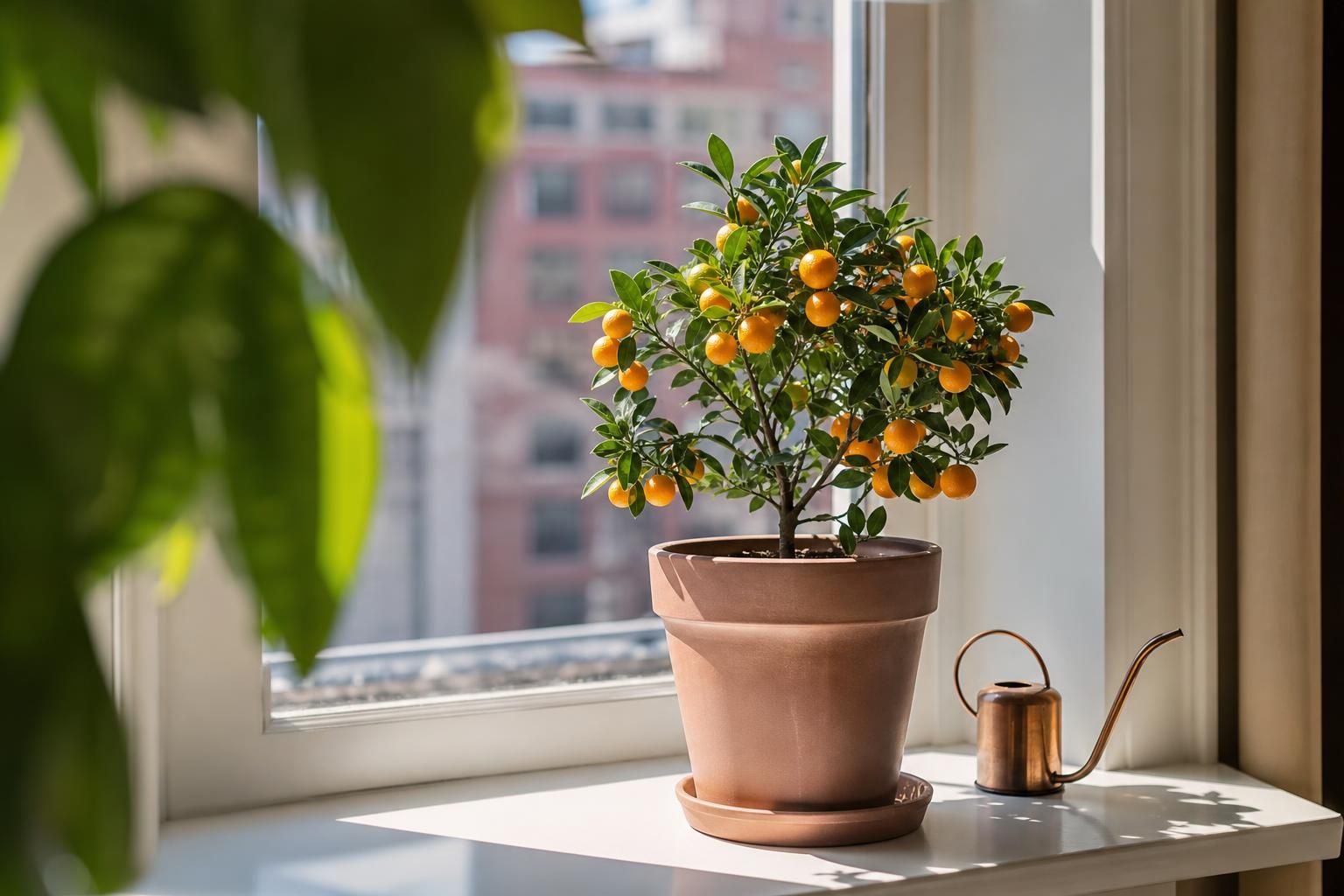 Small potted citrus tree with orange fruit in a bright window