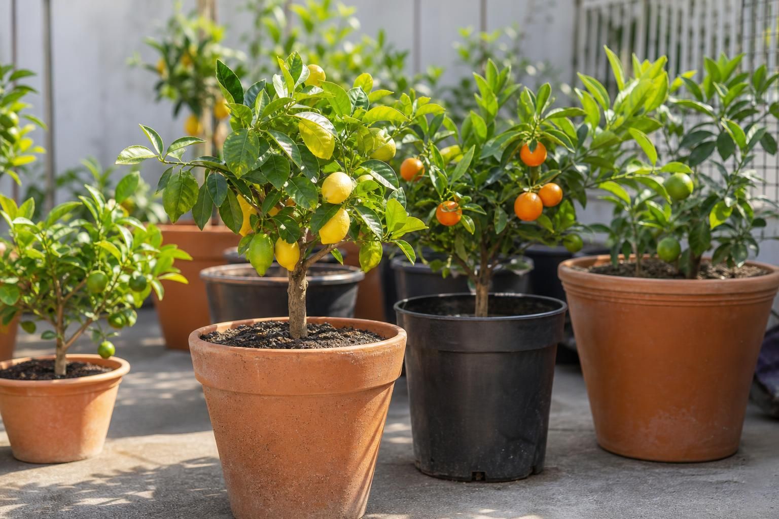 Dwarf citrus containers acclimating outdoors on a sunny patio