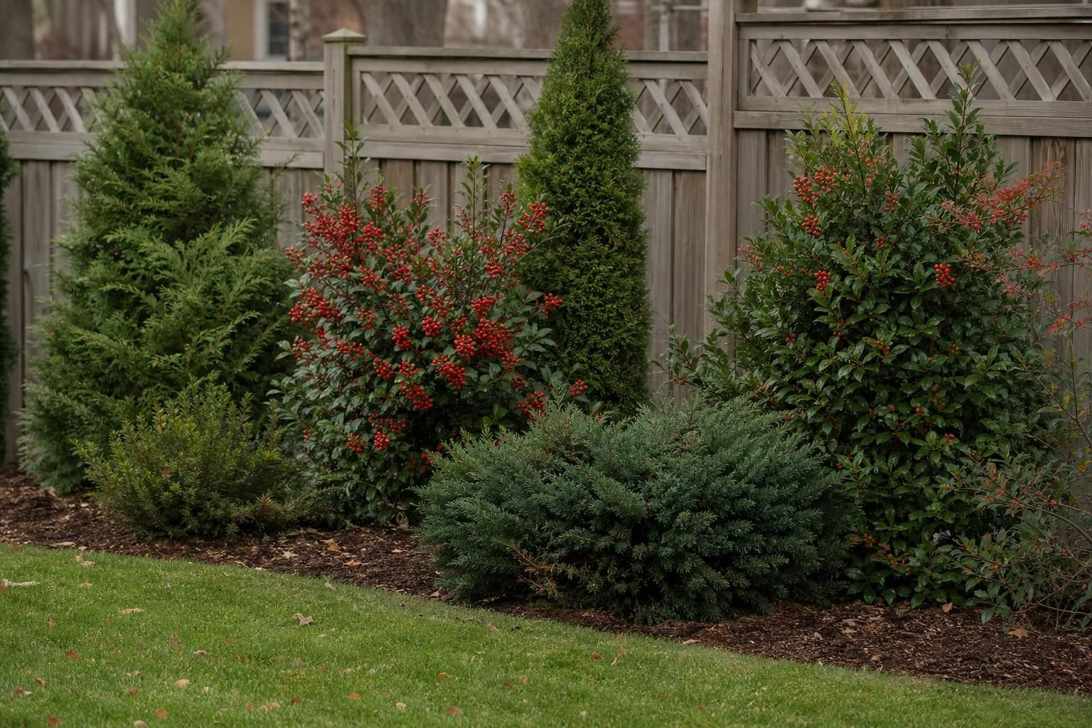 Evergreen shrubs and berry bushes mulched along a wooden backyard fence