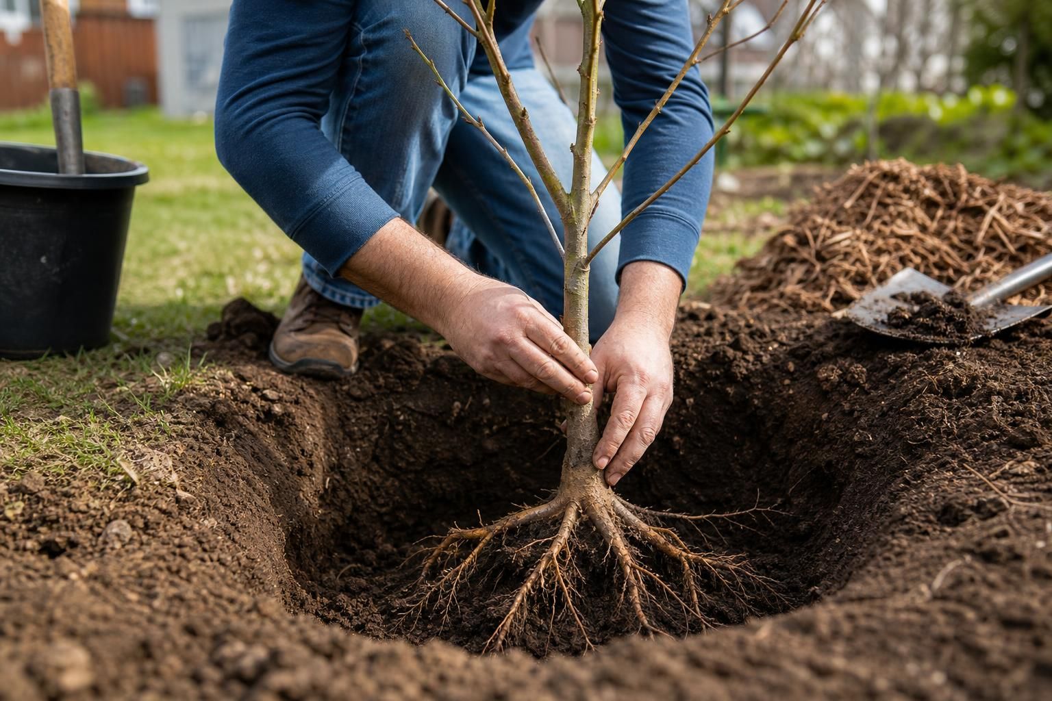Young bare-root fruit tree set at correct planting depth in garden soil