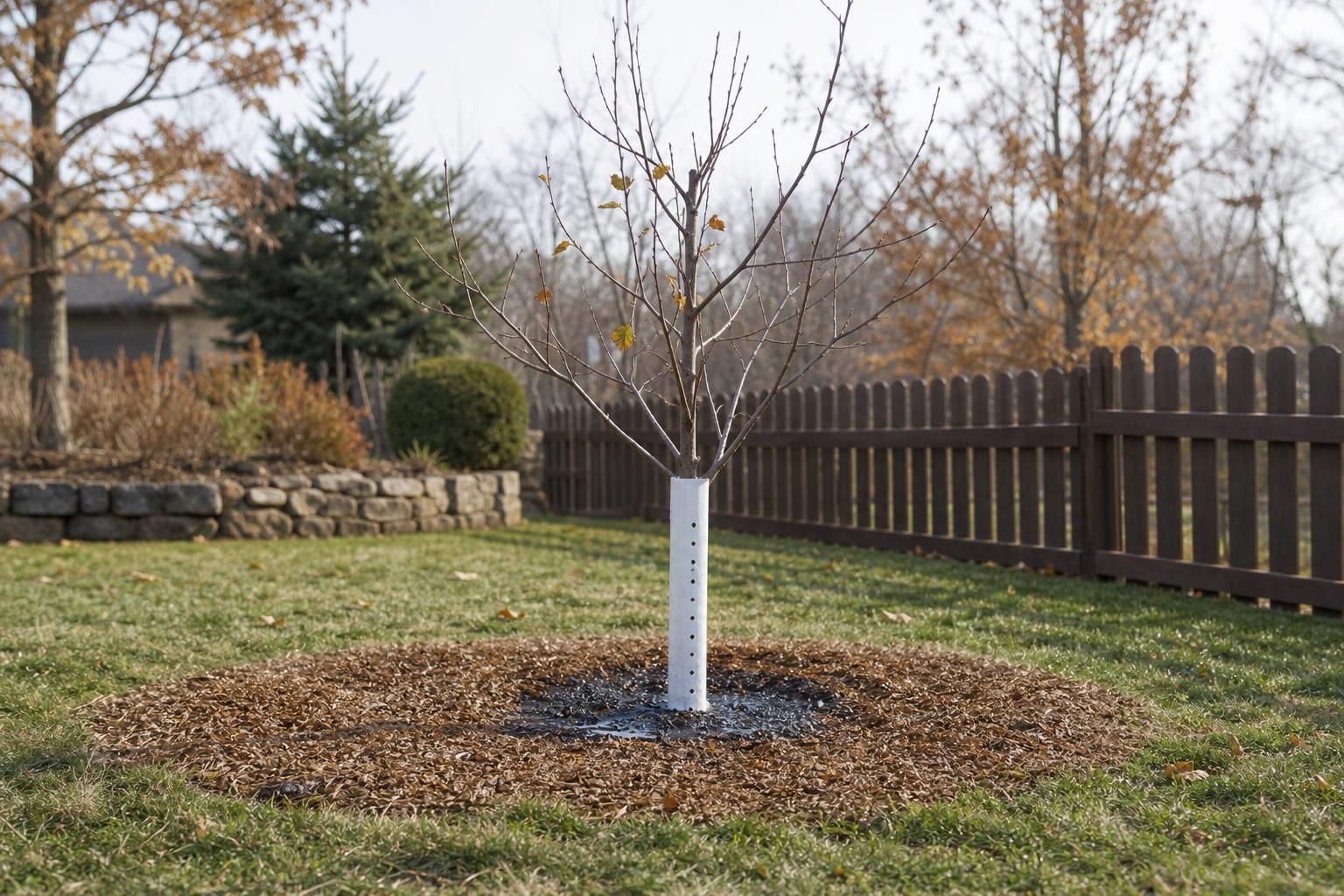 Newly planted orchard tree with mulch ring and white trunk guard