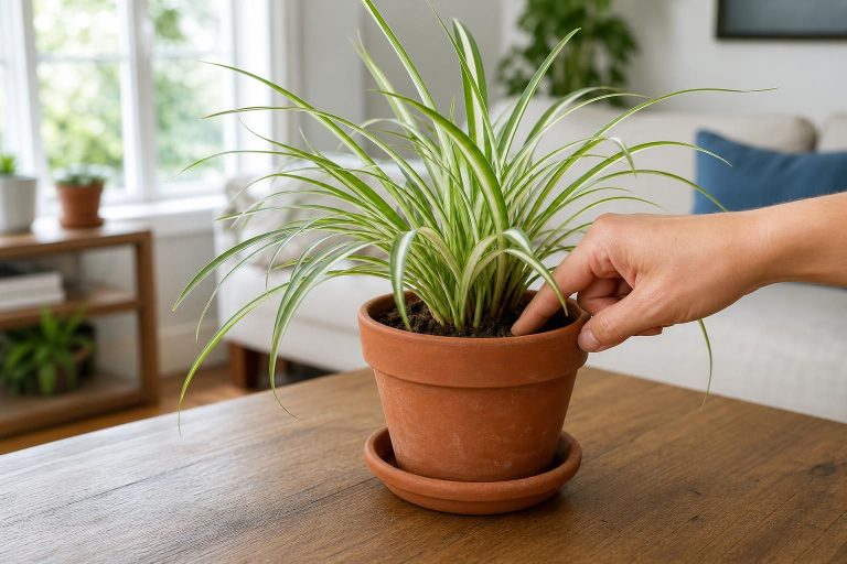 When the soil dries and the pot feels light, your spider plant stays full and healthy
