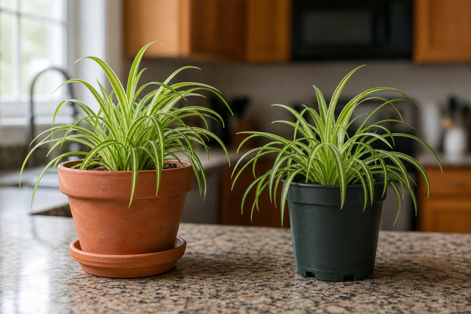 Spider plants in terracotta and plastic pots on a bright kitchen counter