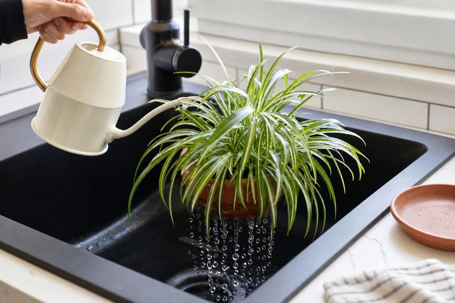 Spider plant draining in a kitchen sink after thorough watering