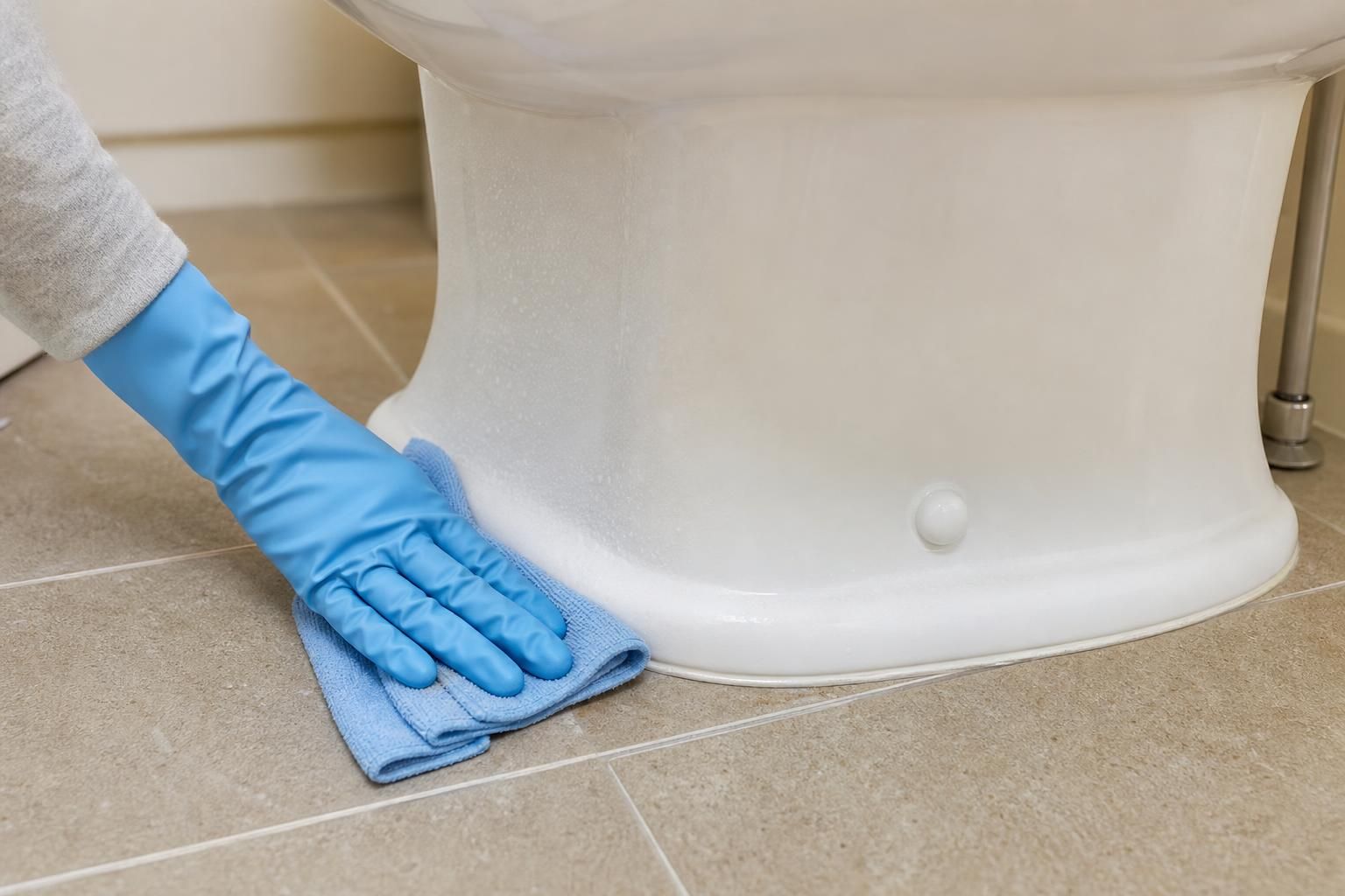 Microfiber cloth wiping the base of a white toilet on tile