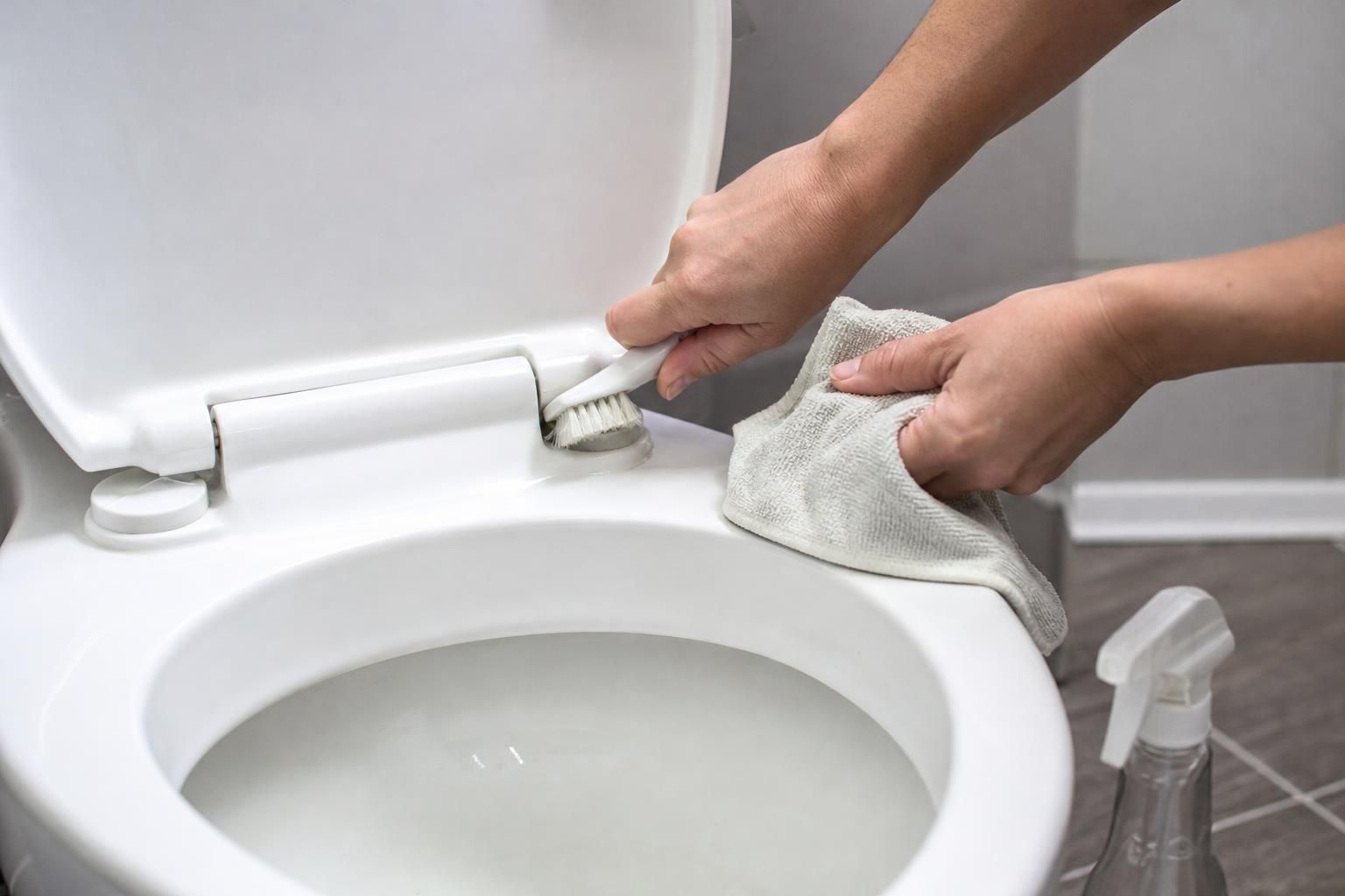 Small brush cleaning toilet seat hinges in a home bathroom