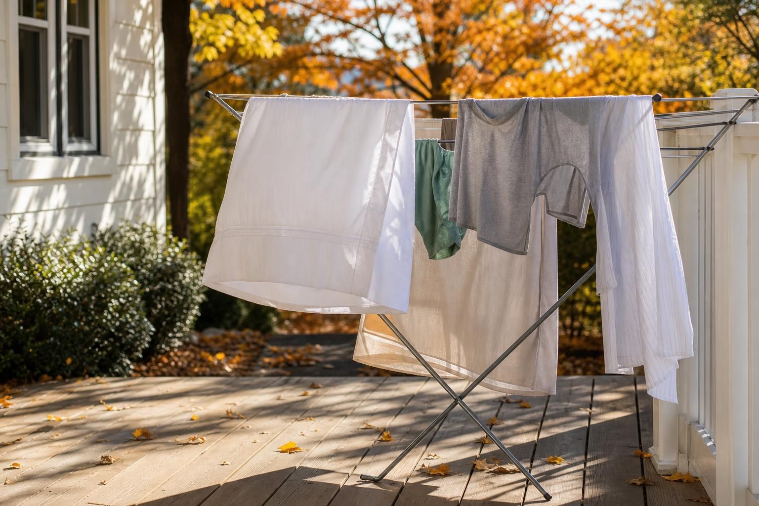 Laundry spaced apart on an outdoor drying rack over a dry deck.