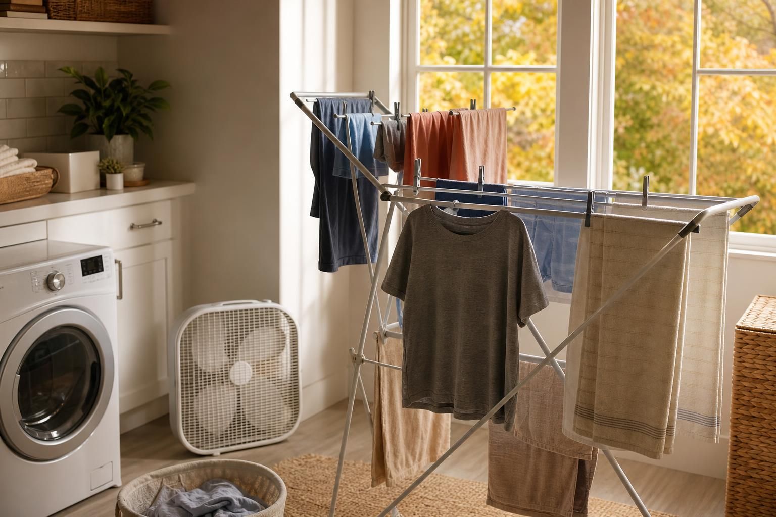 Partly dried clothes finishing indoors on a rack beside a fan.